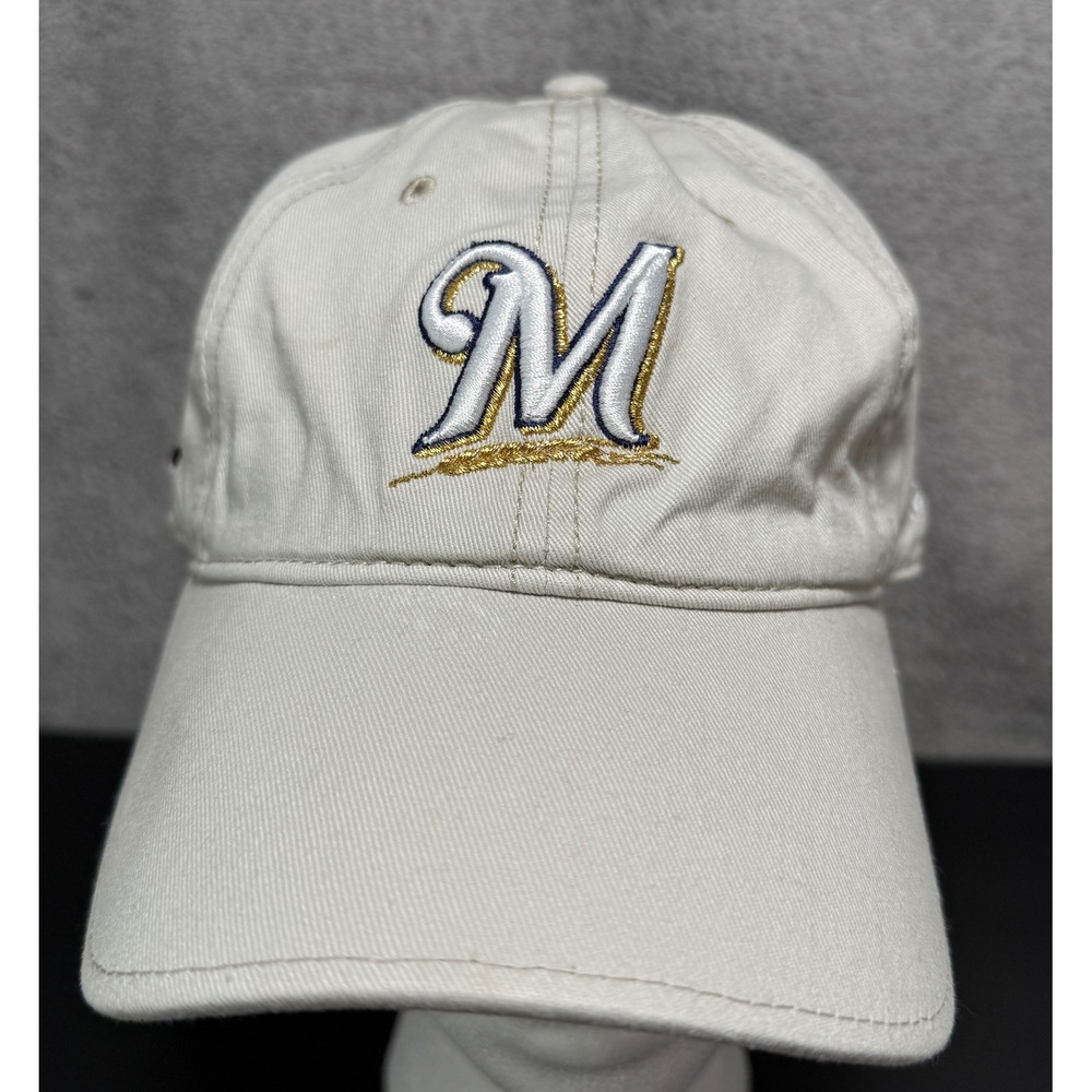 New Era Milwaukee Brewers Hat Mens OSFA Beige MLB Baseball Cap Strapback Logo